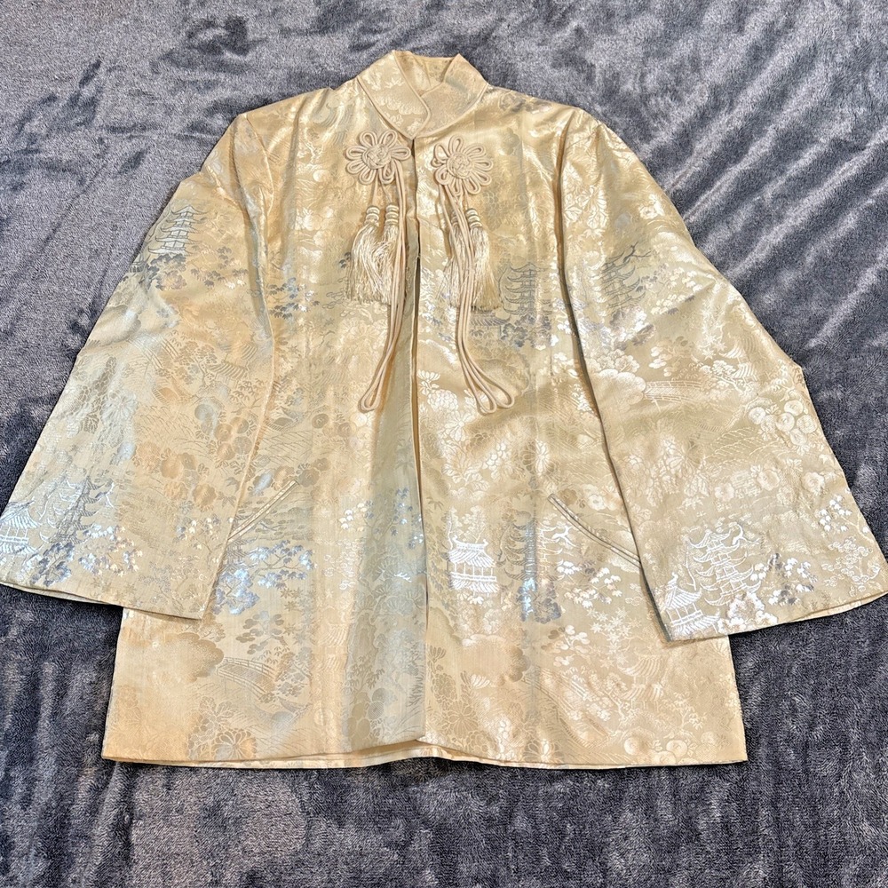 Vtg Handmade 60s Gold Asian Jacket Traditional M/L Tassels Silk Blend Pagoda